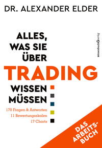 Buchcover mit dem Titel 'Alles, was Sie über Trading wissen müssen'. Farbige Schrift auf weißem Hintergrund, grafische Elemente in orange.
