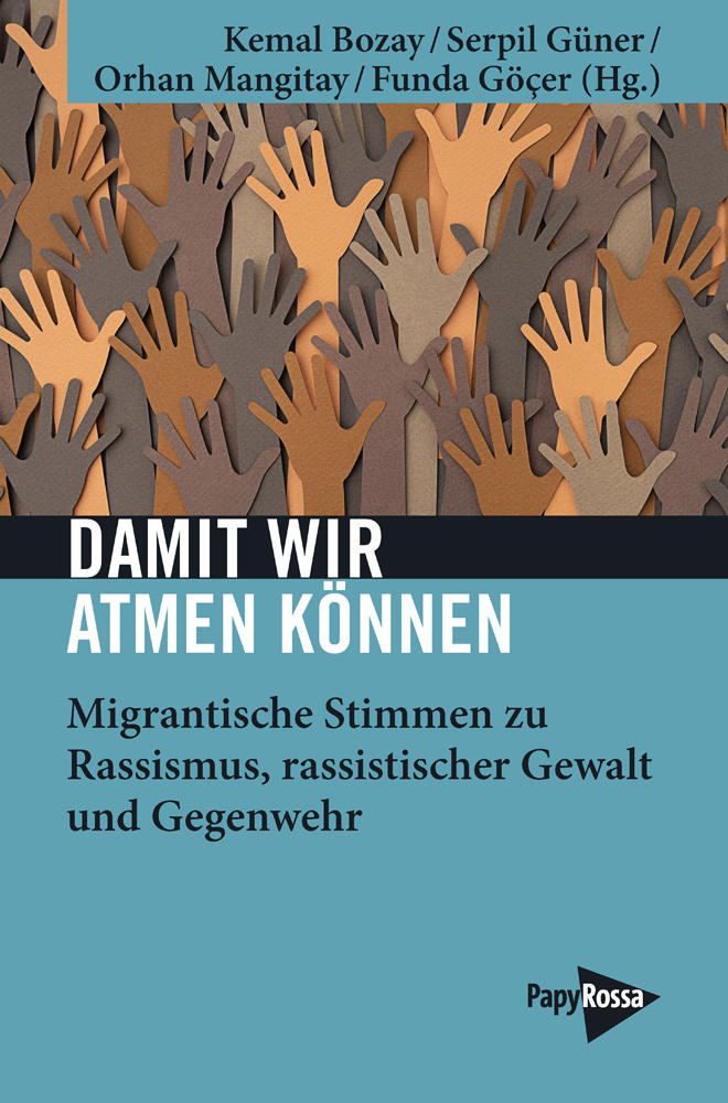 Buchcover mit dem Titel 'Damit wir atmen können'. Grafisches Design mit vielen Händen in verschiedenen Hauttönen.