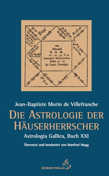 Buchcover mit dem Titel 'Die Astrologie der Häuserherrscher'. Hintergrund in Blau, Diagramm und Text in Braun.