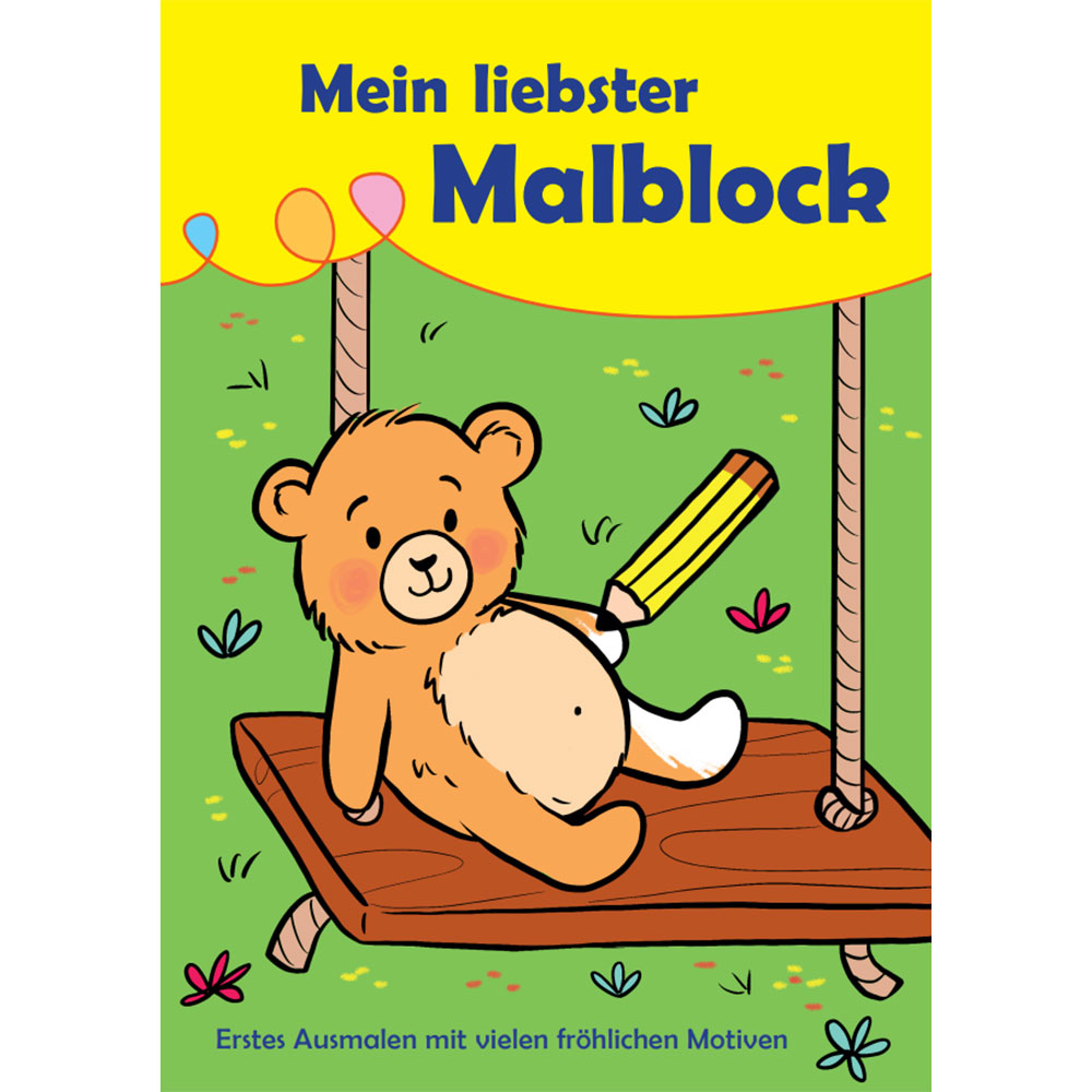Buchcover mit dem Titel 'Mein liebster Malblock'. Ein niedlicher Bär sitzt auf einer Schaukel und hält einen Stift.