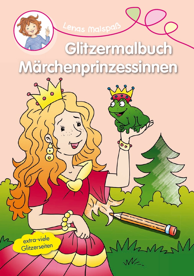 Buchcover mit dem Titel 'Glitzermalbuch Märchenprinzessinnen'. Eine Prinzessin mit Krone hält einen Frosch in der Hand.