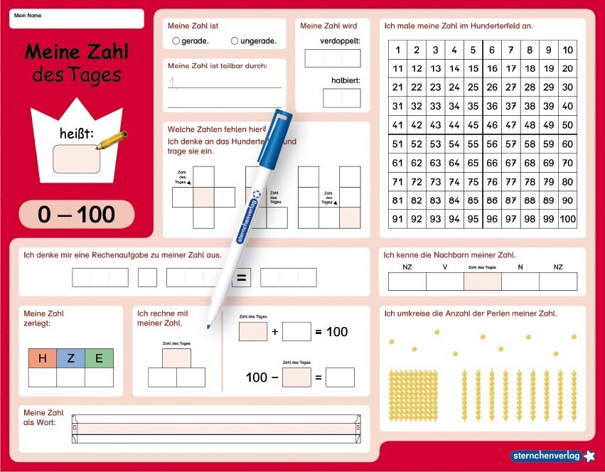 Katrin Langhans: Meine Zahl des Tages 0-100 - wiederbeschreibbare Lerntafel mit Stift - Mathematik - Ringbuch