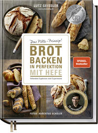 Buchcover mit dem Titel 'Brot backen in Perfektion mit Hefe'. Abgebildete Brote und Brötchen in verschiedenen Formen.