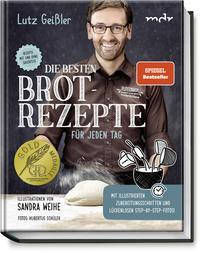 Buchcover mit dem Titel 'Die besten Brot-Rezepte für jeden Tag'. Abgebildeter Mann lächelt, trägt eine Schürze und hält eine Schüssel mit Teig.