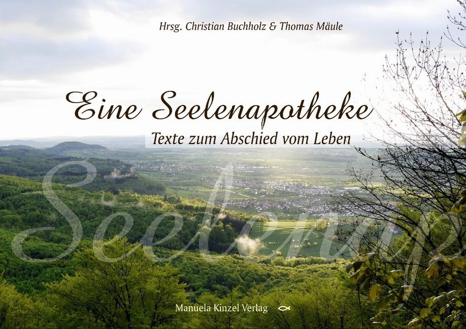 Buchcover mit dem Titel 'Eine Seelenapotheke'. Landschaftsaufnahme mit grünen Hügeln und einem Tal im Hintergrund.