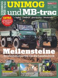 Cover der Zeitschrift UNIMOG und MB-trac. Zwei Fahrzeuge auf einem Feld, Titel und Untertitel deutlich sichtbar.
