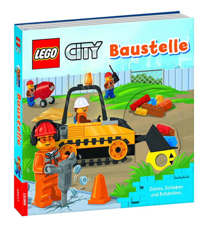 Buchcover mit dem Titel 'LEGO CITY Baustelle'. Abbildung von LEGO-Figuren und Baumaschinen auf einer Baustelle.
