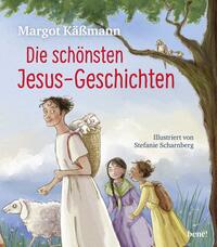 Buchcover mit dem Titel 'Die schönsten Jesus-Geschichten'. Illustration zeigt eine Person mit einem Schaf und zwei Kindern.