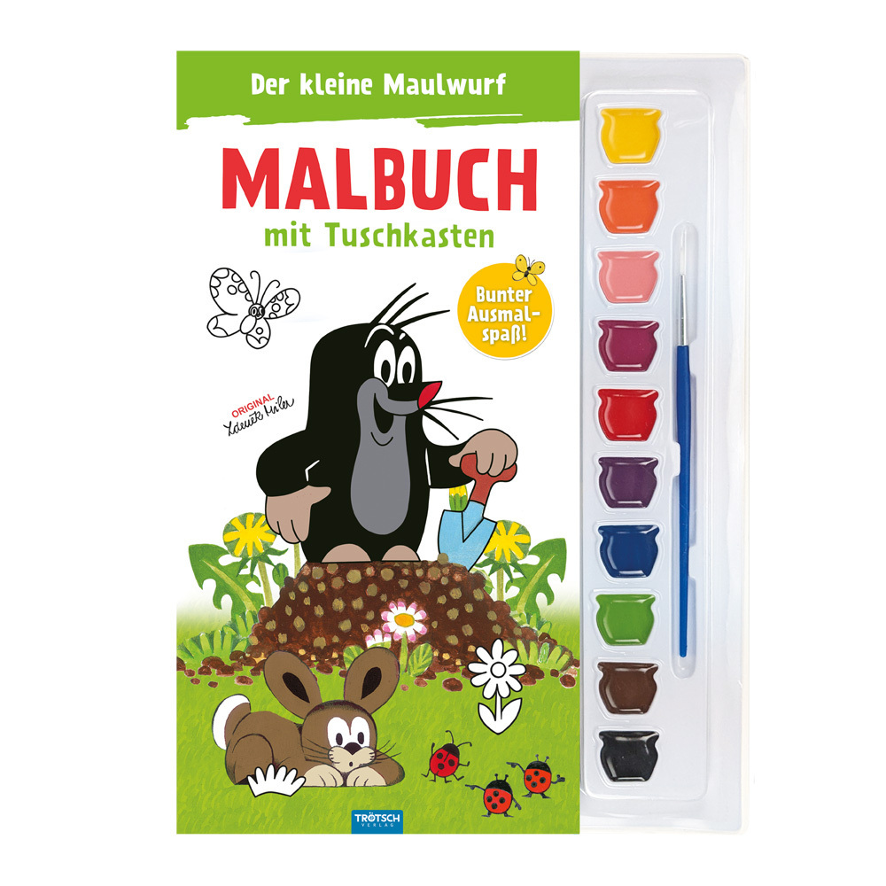 Malbuch mit dem Titel 'Der kleine Maulwurf'. Abgebildet sind der Maulwurf und ein Hase in einer bunten Gartenlandschaft.