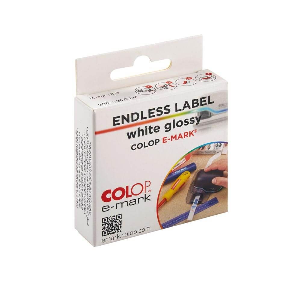 Verpackung für endlose weiße Etiketten. Marke ist COLOP E-MARK.