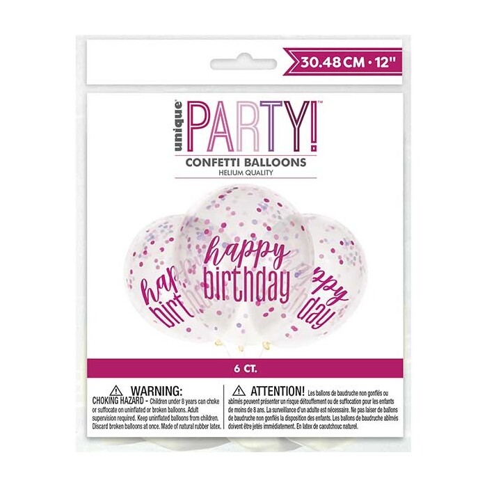 Latexballons Happy Birthday mit Konfettimotiv 6 Stück pink