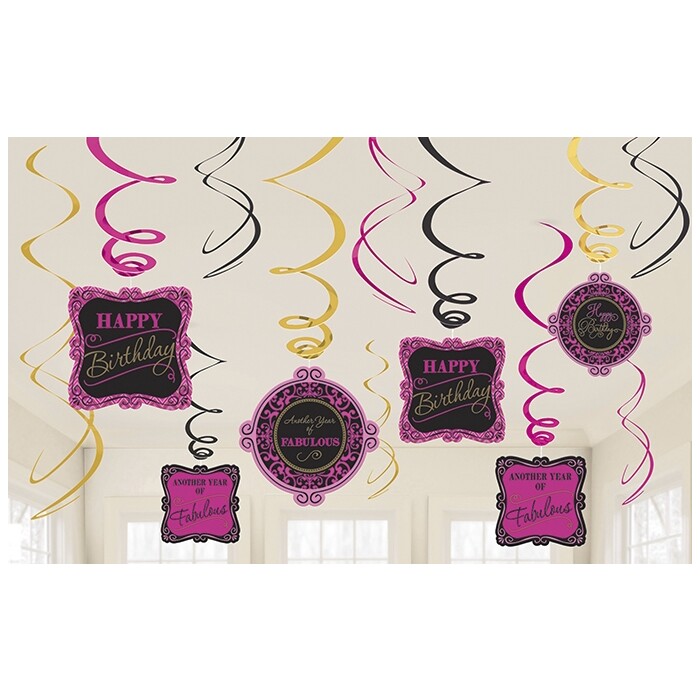 Spiral-Hängedeko - Born to be fabulous, 12 Stück, schwarz/pink