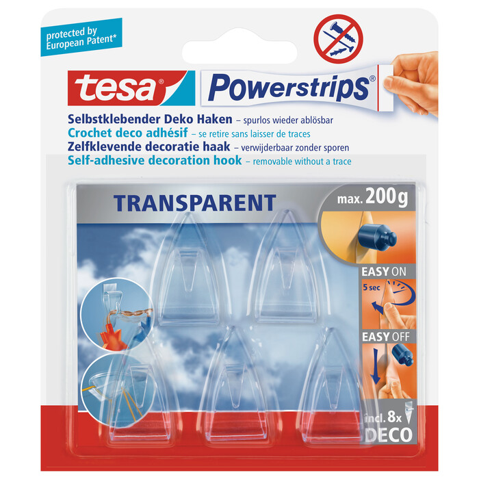 TESA Powerstrips selbstklebende Deko-Haken 5 Stück transparent