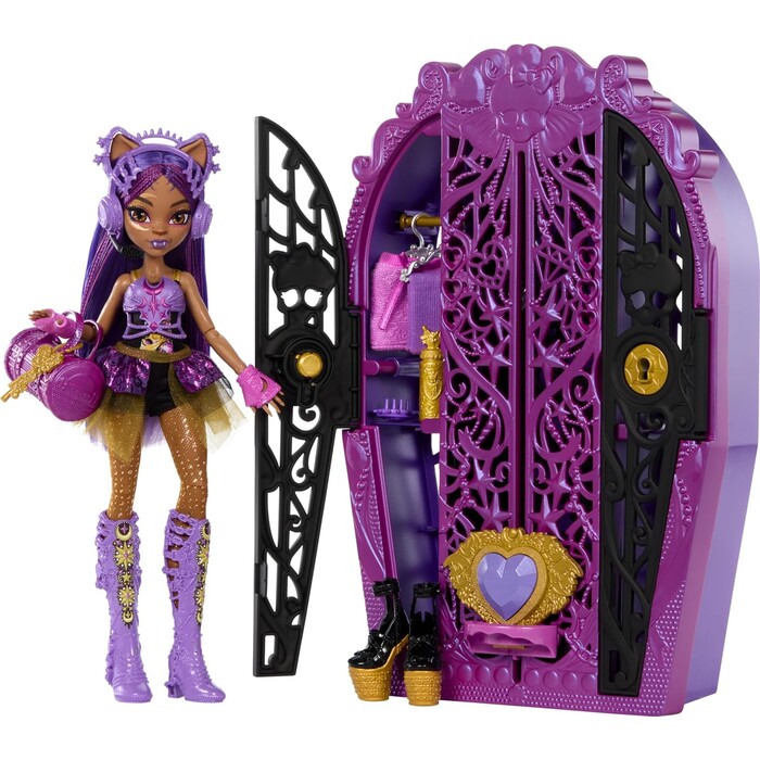 Monster High Skulltimate Secrets Puppen- und Accessoire-Set Monster Mysteries Clawdeen Wolf mit Kleiderschrank lila