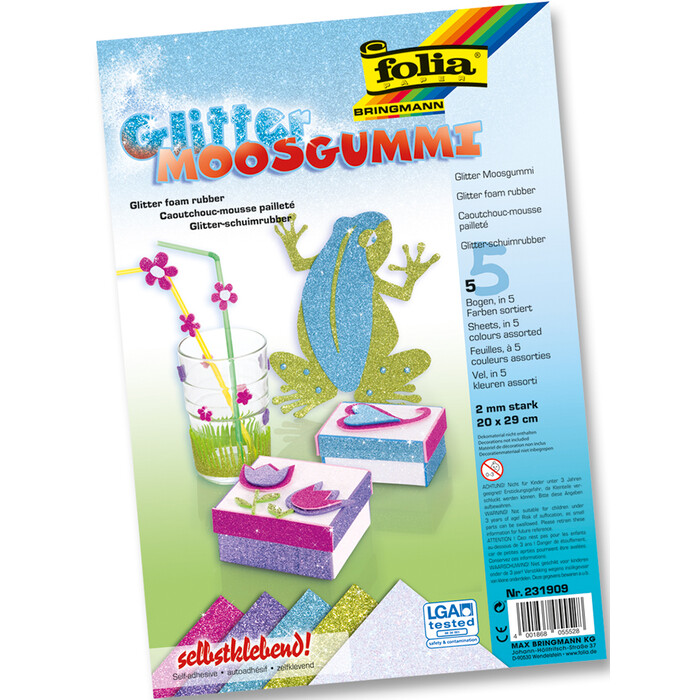 FOLIA Glitter-Moosgummi selbstklebend 20 x 29 cm 5 Bögen mehrere Farben