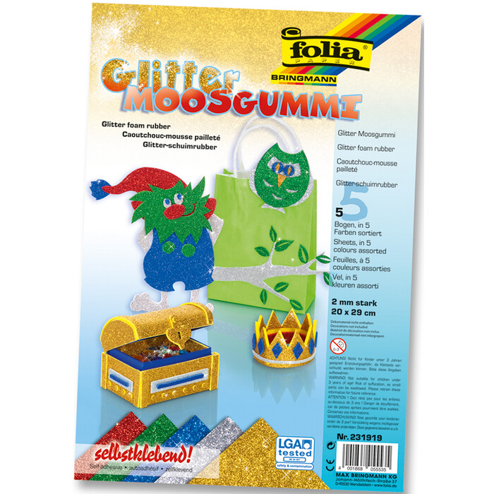FOLIA Glitter-Moosgummi selbstklebend 20 x 29 cm 5 Bögen mehrere Farben