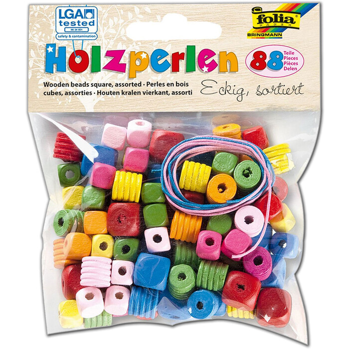 FOLIA Holzperlen 88 Stück eckig mehrere Farben