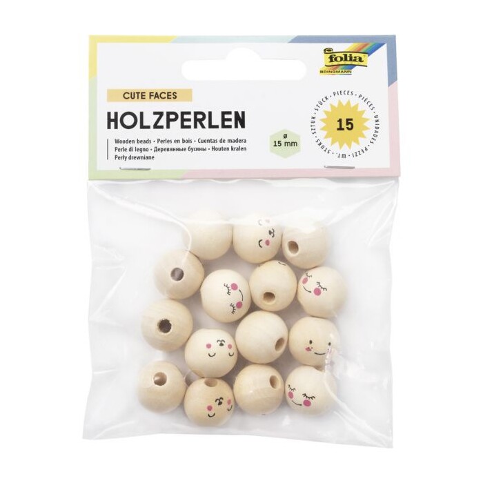FOLIA Holzperlen Cute Faces 15 Stück natur