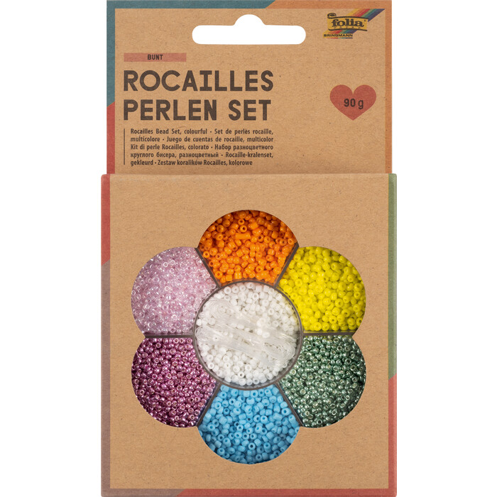 FOLIA Rocailles Perlen-Set 90g inkl. Nylonfaden und Verschlüsse bunt
