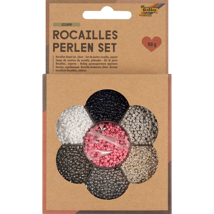 FOLIA Rocailles Perlen-Set 90g inkl. Nylonfaden und Verschlüsse silber