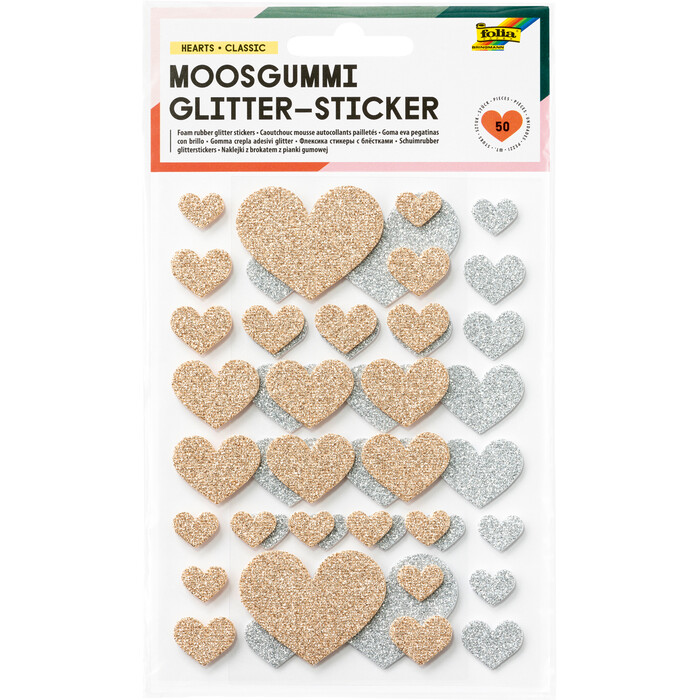 FOLIA Moosgummi Glitter-Sticker Herzen 50 Stück gold/silber