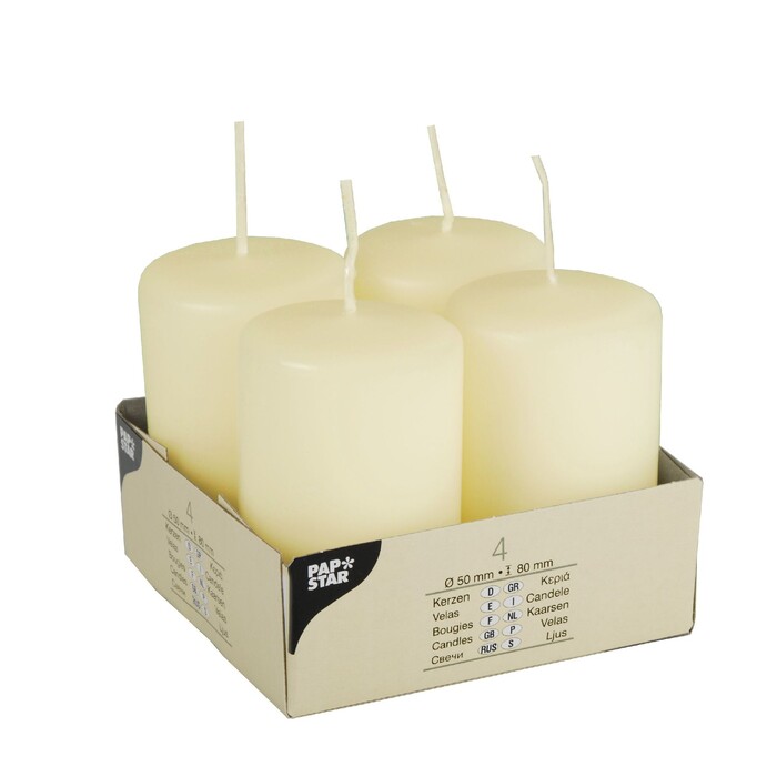 PAPSTAR Stumpenkerzen Ivory 4 Stück  Ø 5 cm H: 8 cm elfenbein