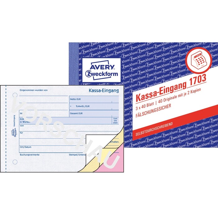 AVERY Zweckform Kassa Eingangsbuch 3x 40 Blatt 1703 DIN A6 quer weiß