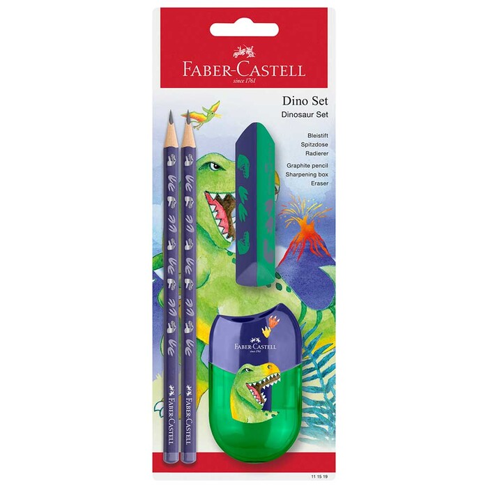 FABER-CASTELL Dino-Set Bleistifte, Radierer, Spitzer 4-teilig grün/violett