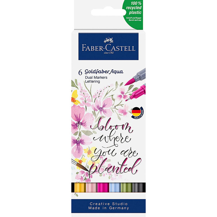 FABER-CASTELL Goldfaber Aqua Dual Marker Lettering mit Pinselspitze und Fineliner Spitze 6er Etui mehrfarbig