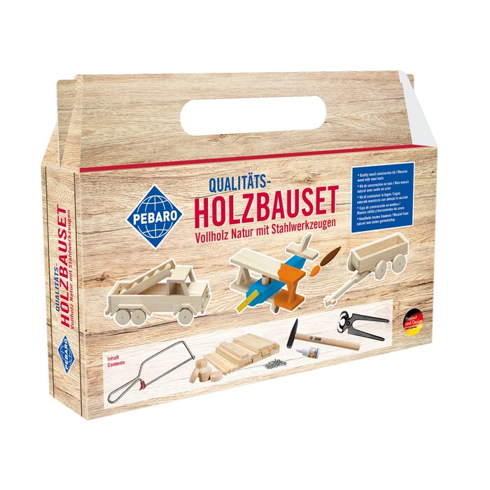 PEBARO Qualitäts Holzbau-Set Vollholz Natur mit Stahlwerkzeugen