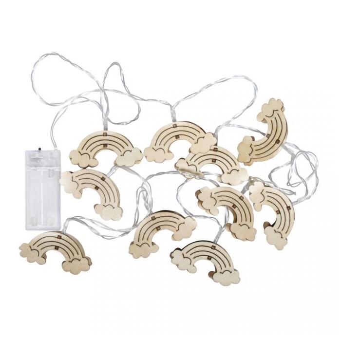 LED-Lichterkette mit Holz-Regenbögen 175 cm natur