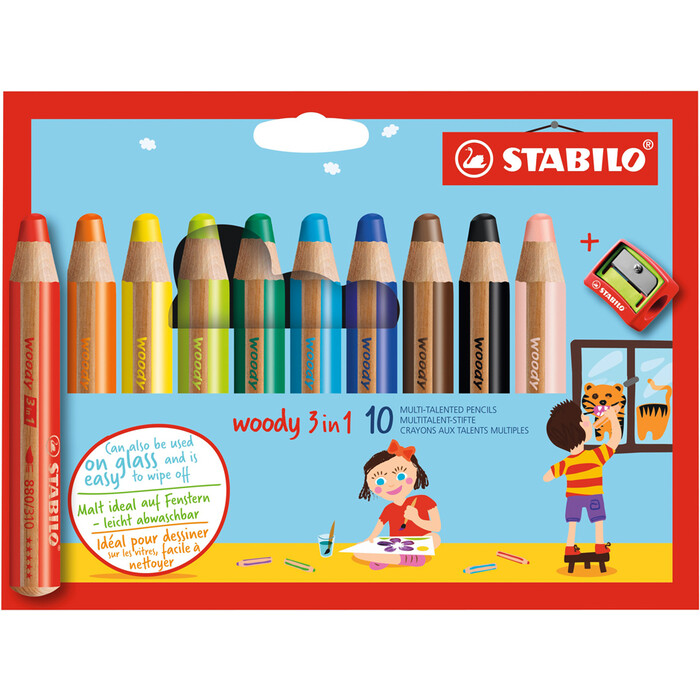 STABILO Buntstift, Wasserfarbe & Wachsmalkreide woody 3 in 1 10er Pack mit Spitzer