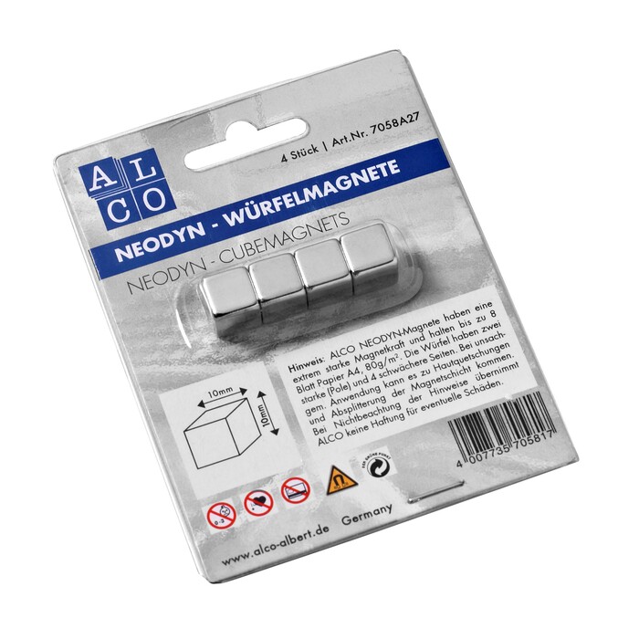 ALCO NeoDym-Magnete in Würfelform 4 Stück silber