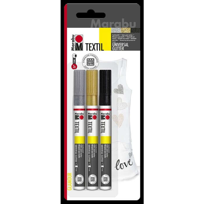MARABU Textil Painter Glitter 3 Stück gold/silber/schwarz