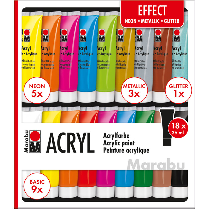 MARABU Acrylfarben-Set Effect 18 x 36 ml Tuben