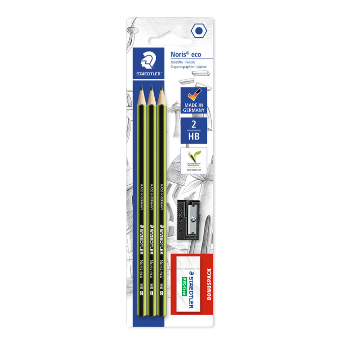 STAEDTLER® Bleistift HB Noris® eco inkl. Radierer und Spitzer 3 Stück