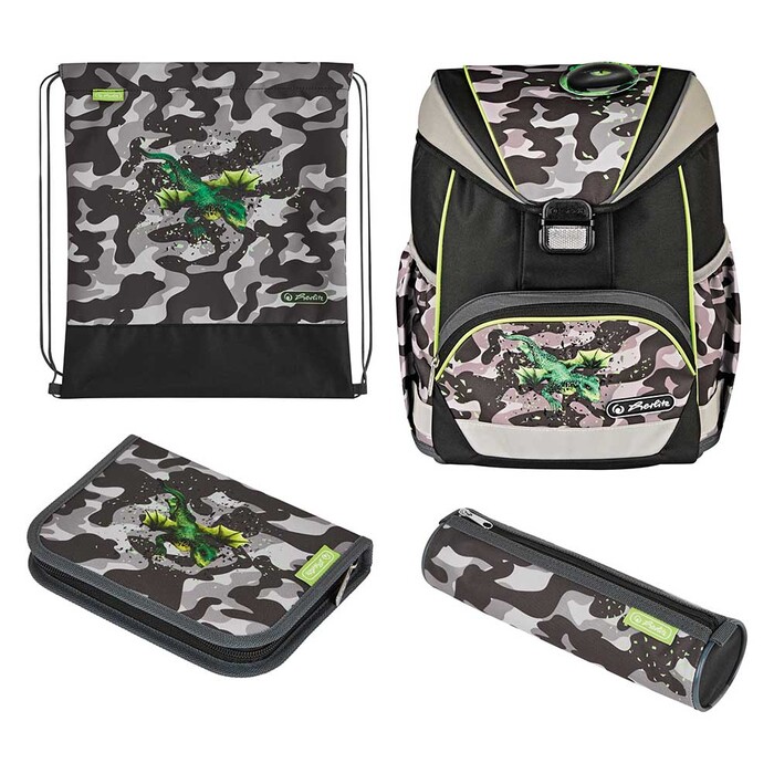 HERLITZ Schultaschen-Set UltraLight - Camo Dragon 5-teilig schwarz/grau