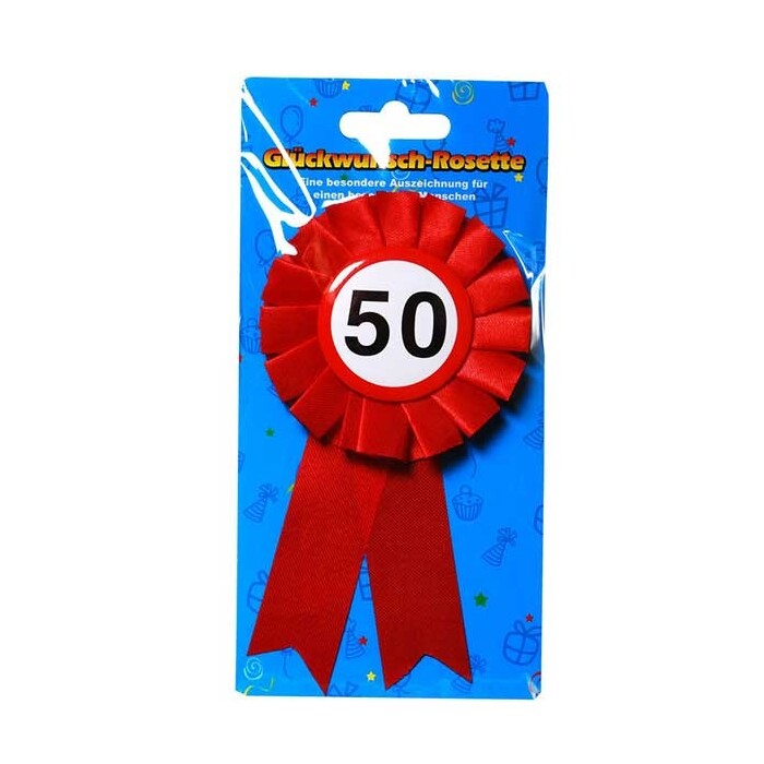 Rosette zum 50. Geburtstag, rot-weiß