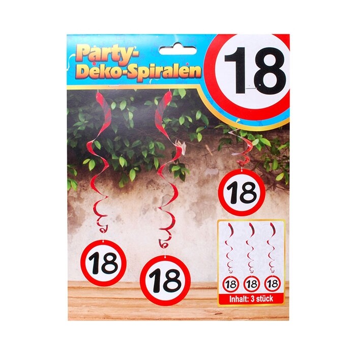 Spiral-Hängedeko - 18. Geburtstag, 3 Stück, rot/weiß