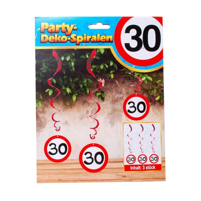 Spiral-Hängedeko - 30. Geburtstag, 3 Stück, rot/weiß