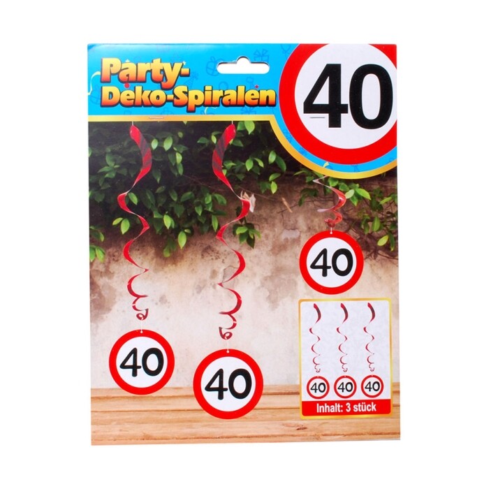 Spiral-Hängedeko - 40. Geburtstag, 3 Stück, rot/weiß