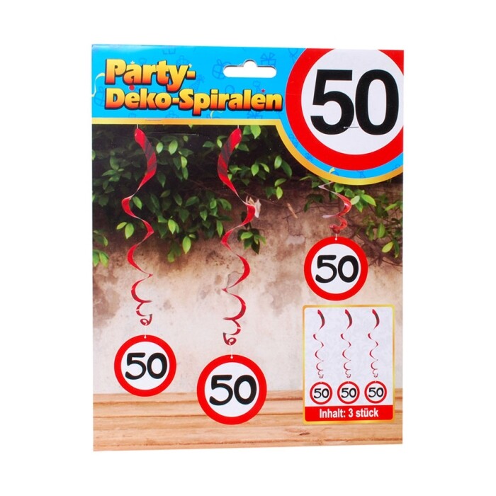 Spiral-Hängedeko - 50. Geburtstag, 3 Stück, rot/weiß