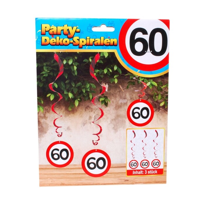 Spiral-Hängedeko - 60. Geburtstag, 3 Stück, rot/weiß