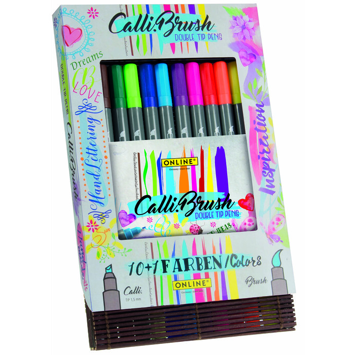 ONLINE Calli.Brush Double Tip Pens, 11 Stück im Bambus-Etui (Hand Lettering + Brush Lettering)