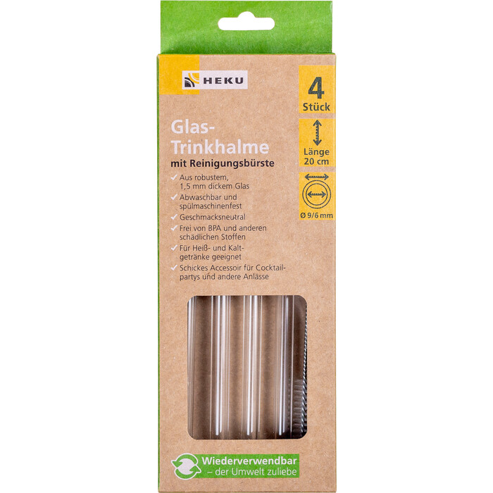HEKU Glas-Trinkhalme mit Bürste 4 Stück
