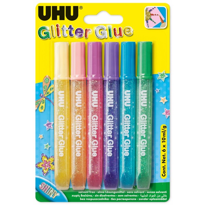 UHU Glitter Glue Shiny Colours 6 x 10 ml