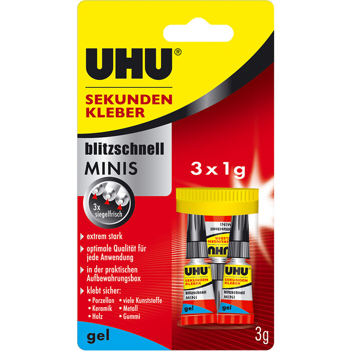 UHU Mini-Sekundenkleber-Gel blitzschnell 3 x 1 g