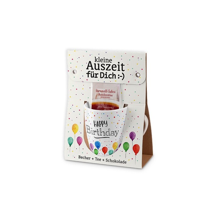 Geschenkset Happy Birthday Becher + Tee + Schokolade bunt