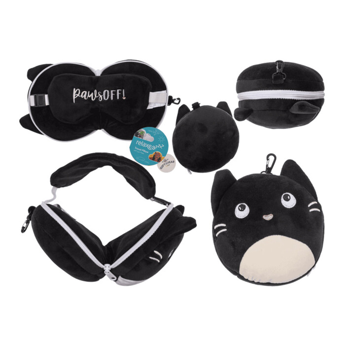 Kinder Plüsch-Reisekissen Katze mit Augenmaske ca. 16,5 x 13,5 x 10,5 cm schwarz