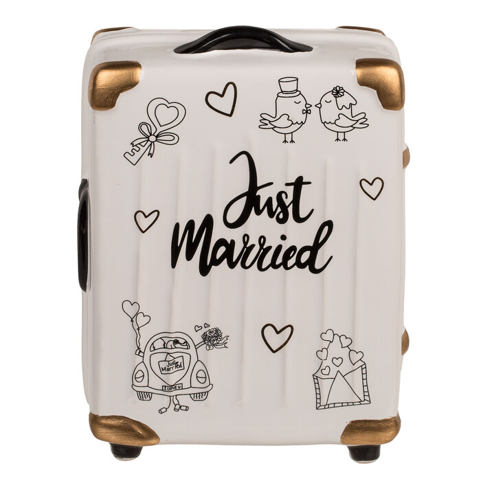 Spardose Trolley Koffer Just Married ca. 11 x 6,5 x 16,5 cm weiß